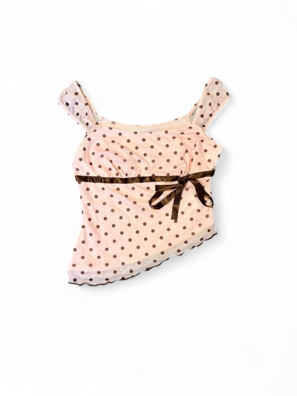 SHEIN Pink Polka Dot Sleeveless Top with Brown Ribbon, Size Large